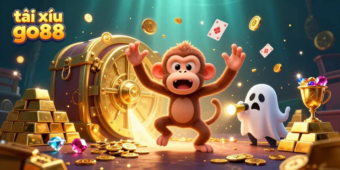 Experience the excitement of tài xỉu go88 as playful characters juggle casino treasures in a vibrant haunted setting.
