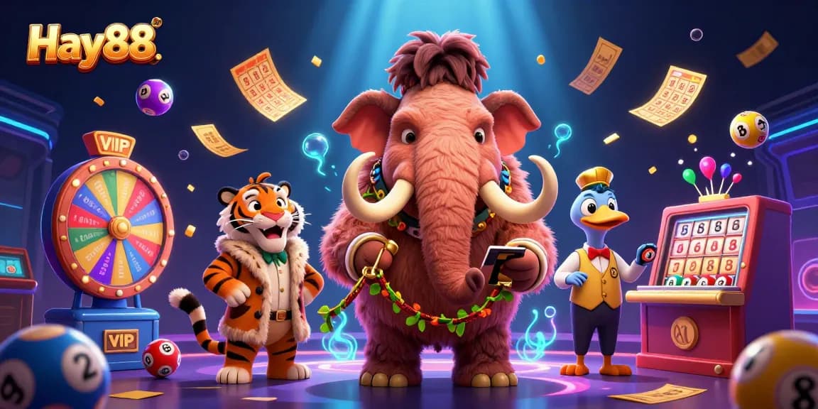 Experience the excitement of Hay88 with a dynamic 3D casino bouncer, vibrant lottery balls, and VIP characters in action.