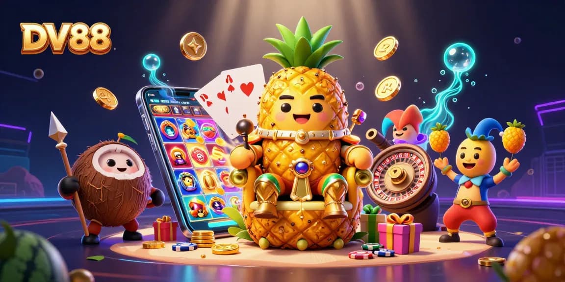 Experience thrilling games at DV88 with vibrant slots and dynamic characters on a beach casino.