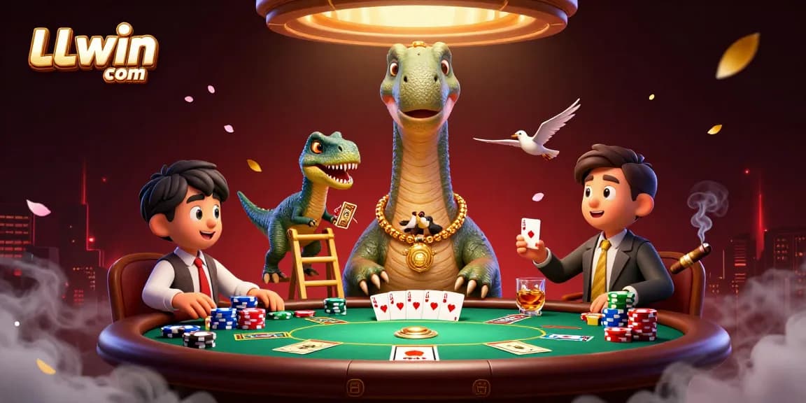 Experience the thrilling action at LLwin com with a whimsical 3D casino scene featuring a brontosaurus and card-dealing raptor.