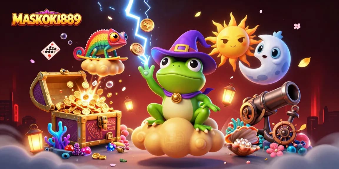 Experience winning at MASKOKI889 with vibrant characters storming with golden coins and colorful gems
