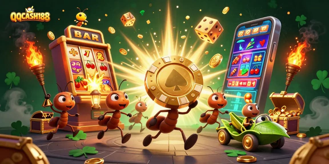 Engage with QQCASH188 through an exciting heist illustration with playful cartoon ants.