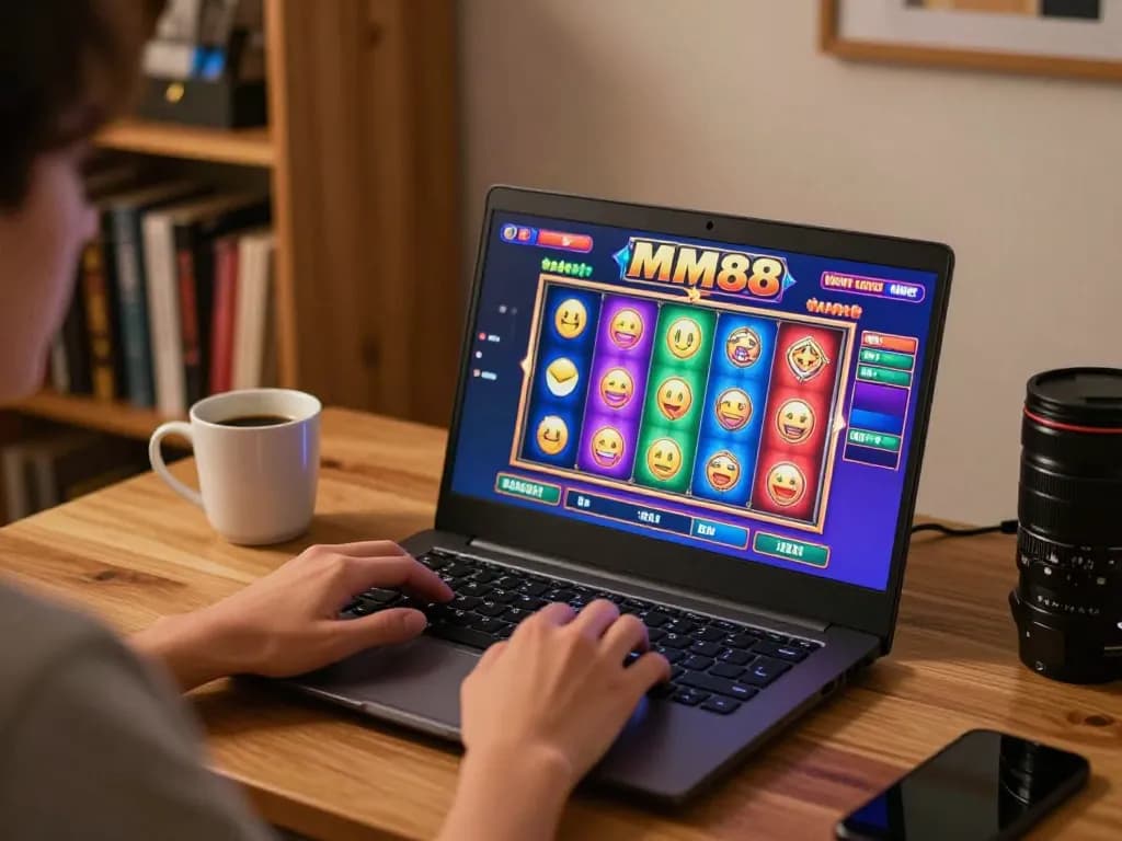 Player enjoying MM88 online casino slots at home with an engaging gaming interface
