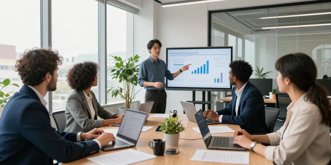 Équipe CIBC business collaborant dans un bureau moderne, discutant des stratégies financières.