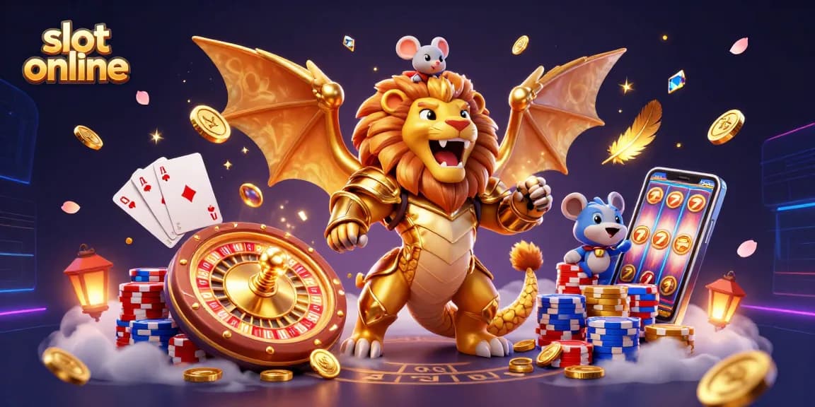 Experience the excitement of playing slot online with a vibrant 3D fantasy scene of a chimera and treasures.
