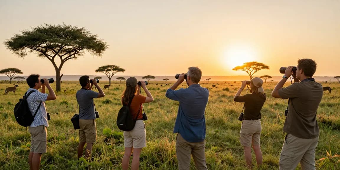 NAGA2000 travelers joyfully capturing wildlife at Kidepo Valley National Park during golden hour