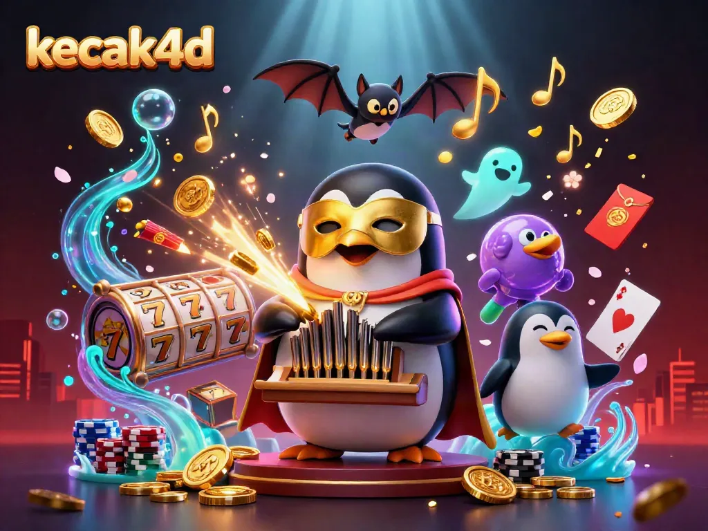 Engaging scene with kecak4d penguin character playing a slot-themed organ amid gaming elements.