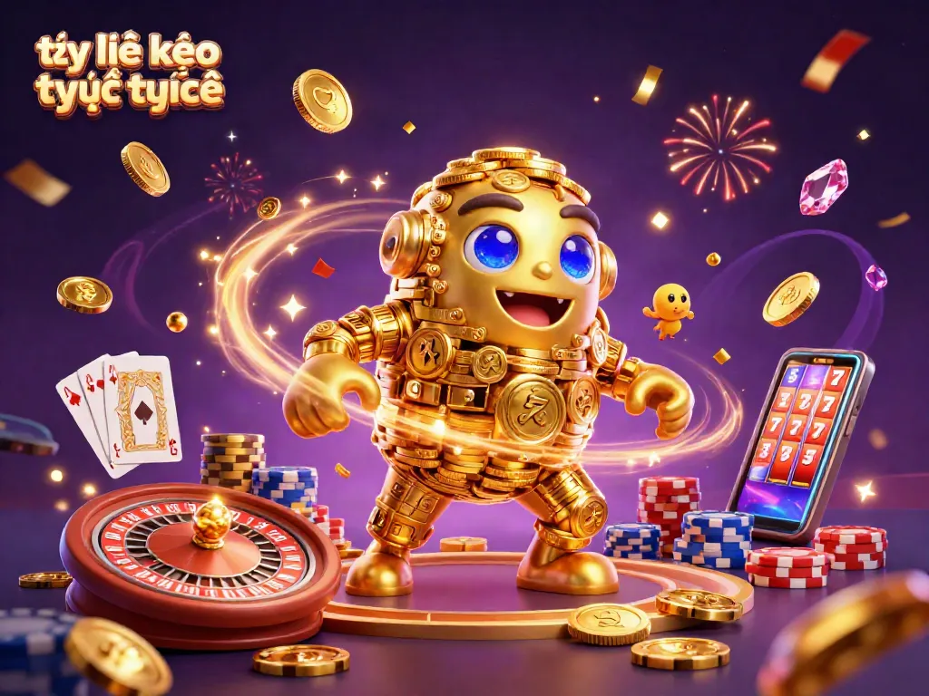 Bet on tỷ lệ kèo trực tuyến with a vibrant 3D illustration featuring a golden golem amidst casino elements.