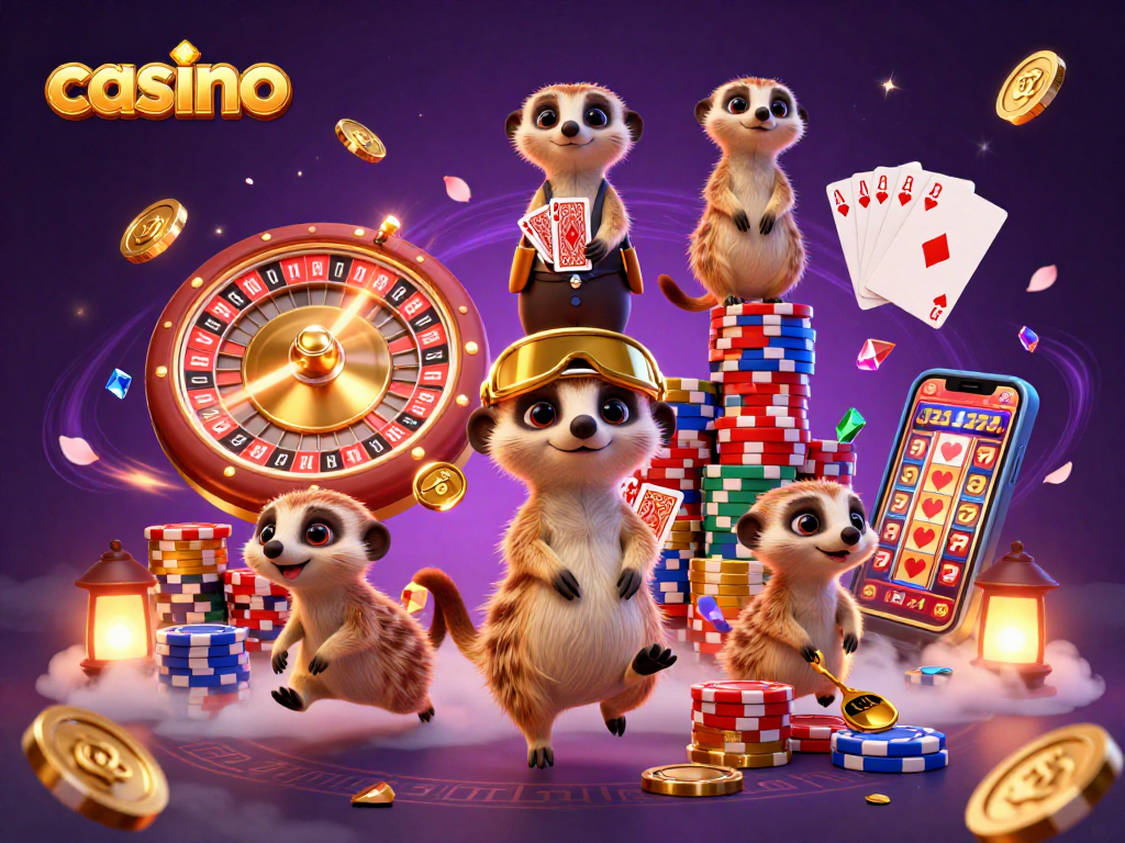 Casino meerkats managing a dynamic gaming scene with colorful chips and coins flying in action.
