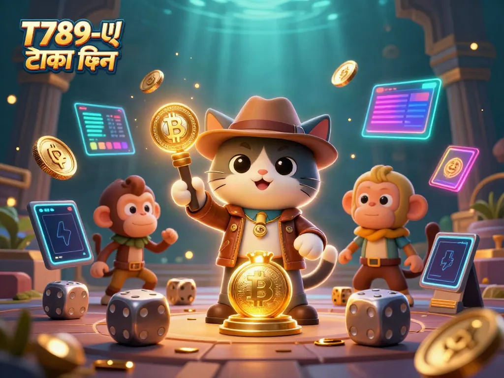 T789-এ টাকা জমা দিন in an engaging scene with cartoon explorer cat and monkey amid casino artifacts and crypto elements.
