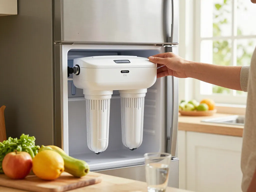 Replacing the Waterdrop Plus 8171413 Refrigerator Water Filter in a bright kitchen, emphasizing clean hydration and easy installation.