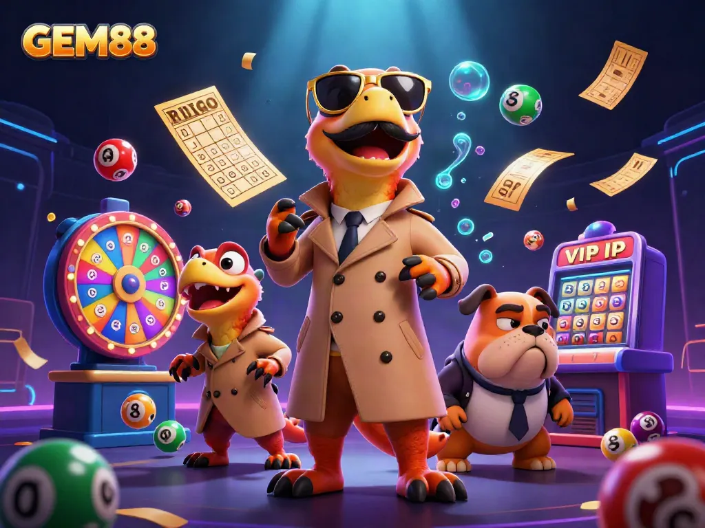 Experience GEM88's thrilling atmosphere with three cartoon raptors sneaking into a casino, surrounded by vibrant game elements.