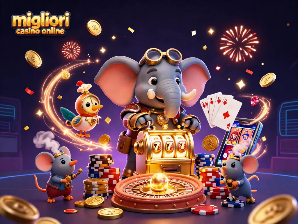 Gioca nei migliori casino online con il nostro ingegnere elefante steampunk in un'illustrazione vivace.
