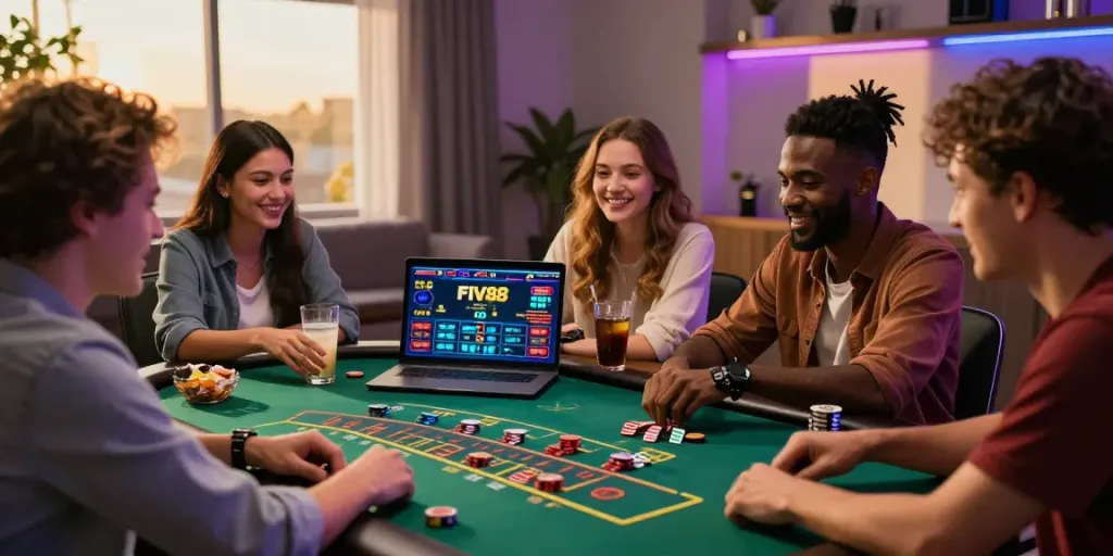 Excited players enjoying a live dealer game on FIVE88 platform with vibrant ambiance.