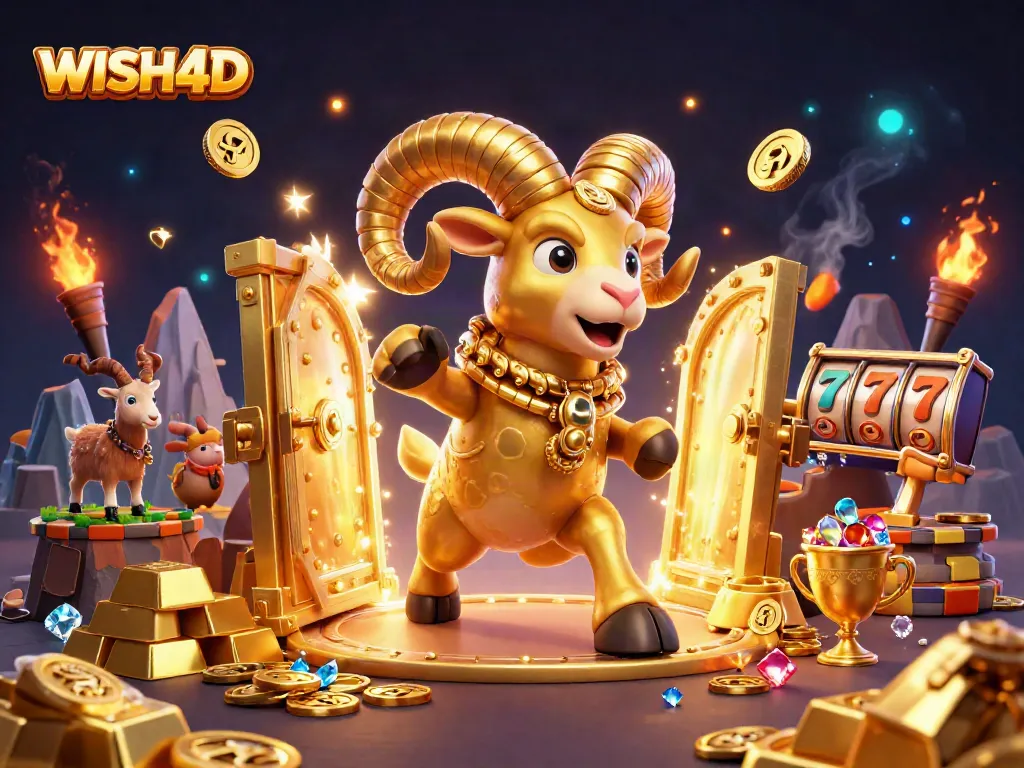 Experience thrilling gameplay with WISH4D as a golden ram charges through a jackpot-filled adventure.