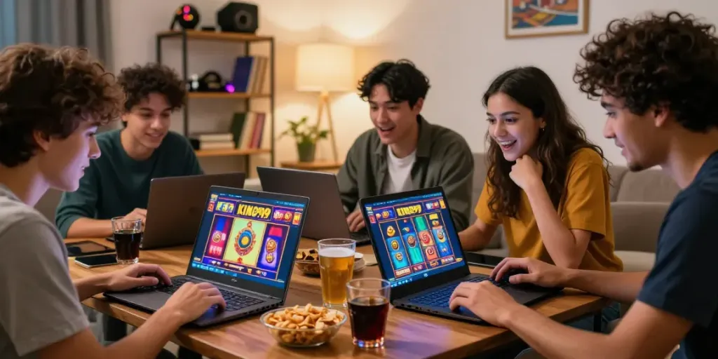 Friends enjoying slot games together on KING999 platform in a cozy setting.