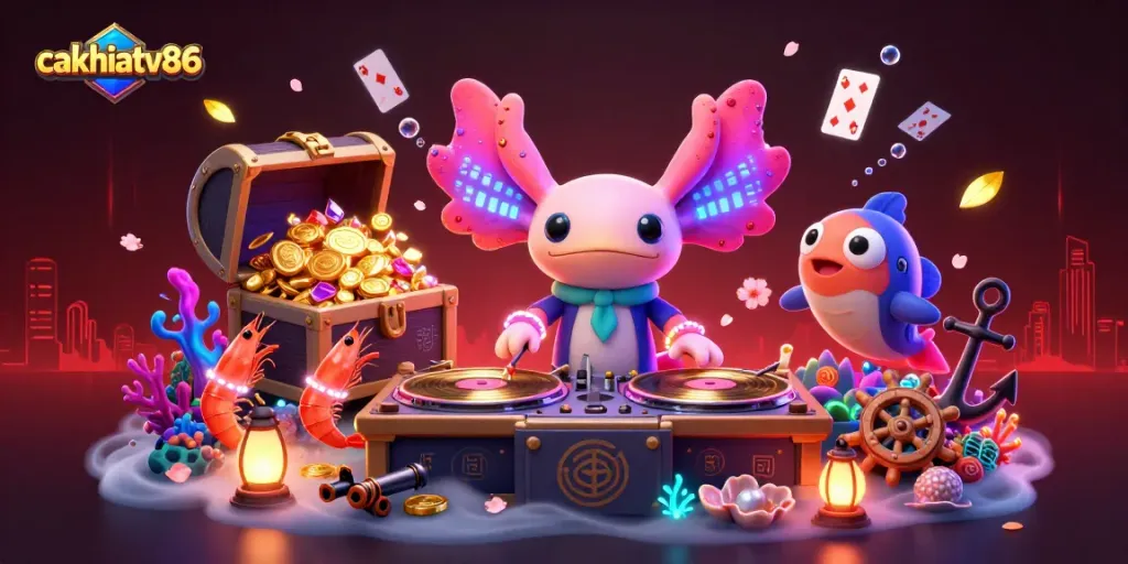 Cakhiatv86 brings high-energy action with a vibrant DJ axolotl and colorful aquatic characters in a lively gambling scene.