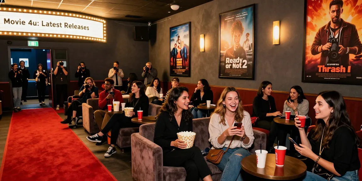 Excited moviegoers at a premiere night showcasing movie 4u latest releases in a vibrant theater.