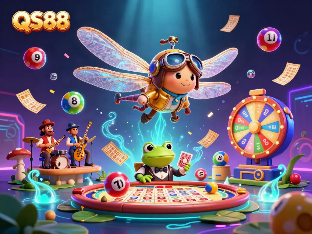 Experience the thrill of QS88 with an exciting illustration of a dragonfly pilot and frog croupier in a vibrant casino scene.