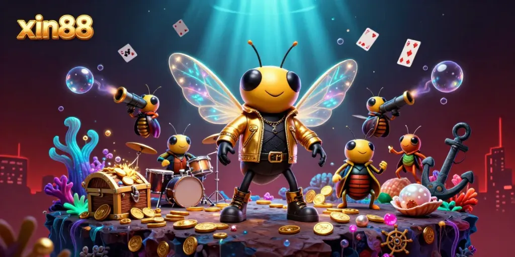 Win big with xin88 in this vibrant 3D casino illustration featuring a rock star cicada and lively gaming elements.