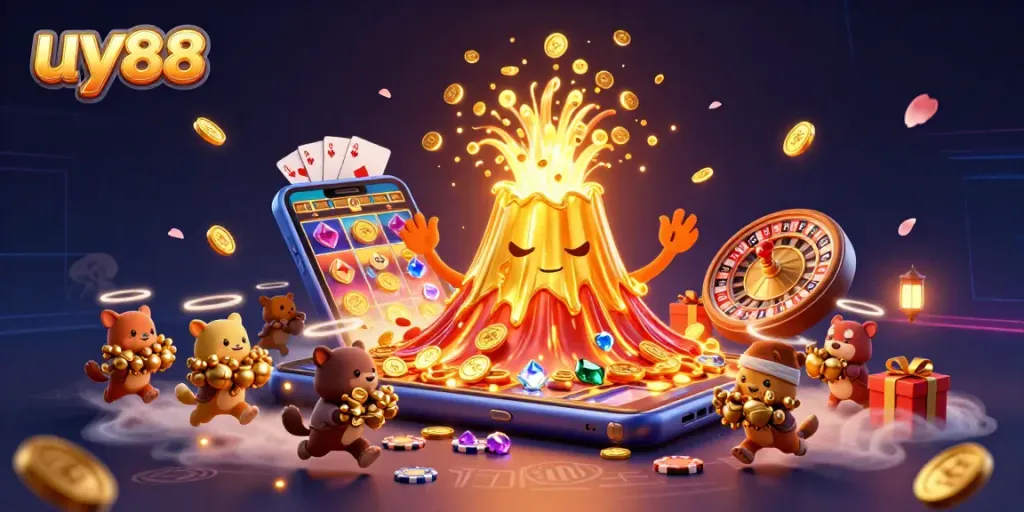 Experience the joy of winning at uy88 with a thrilling eruption of coins and treasures in a vibrant casino scene.