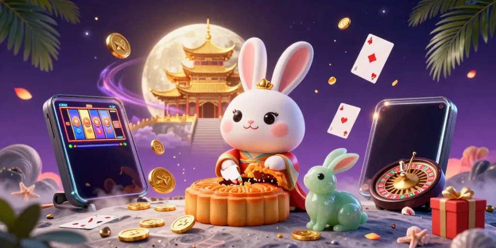 Experience fabet's dynamic gaming world with a moon rabbit illustration amidst a vibrant casino setting.