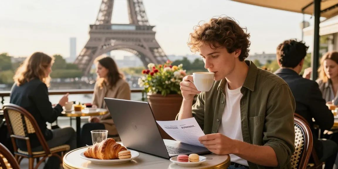 Internship in France - Young intern reviewing tasks at a café with delicious pastries and Eiffel Tower in the background.