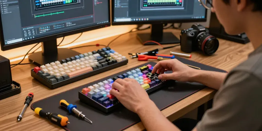 Exploring Wooting 60HE v2 case compatibility during a keyboard assembly session with vibrant components and tools.