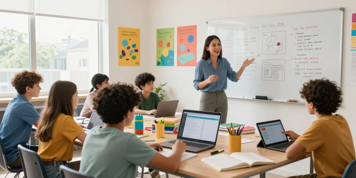 Teacher using an online teacher planner, EMStudio, in a vibrant classroom while students collaborate.