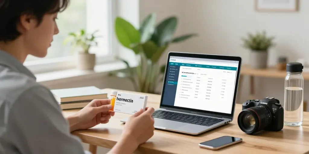 Ivermectin online prescription review in a bright home office setting.