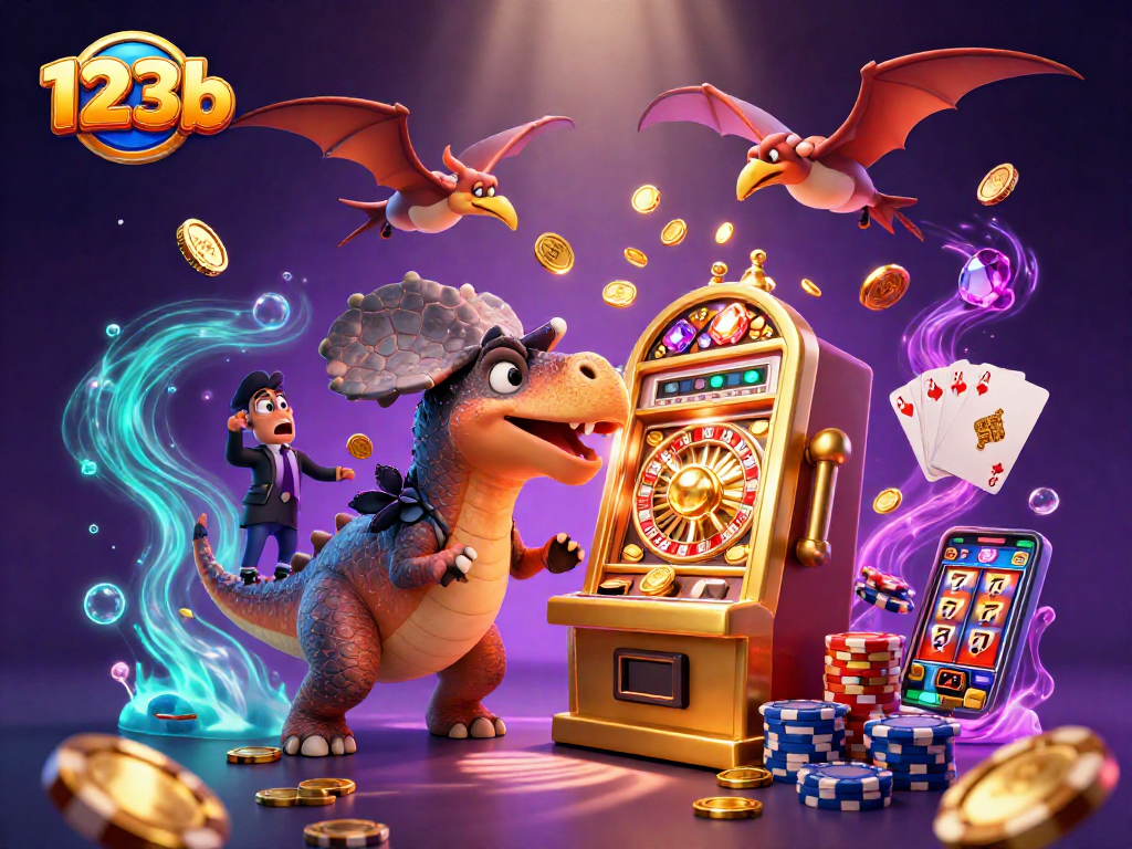 Catch the jackpot with 123b as a dinosaur thrashes a slot machine in a vibrant casino scene.