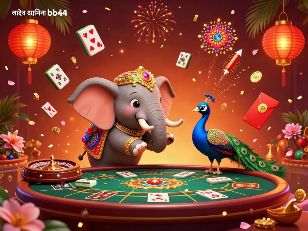 Engage in thrilling games at লাইভ ক্যাসিনো bb44 with our vibrant elephant mascot in a colorful casino setting.