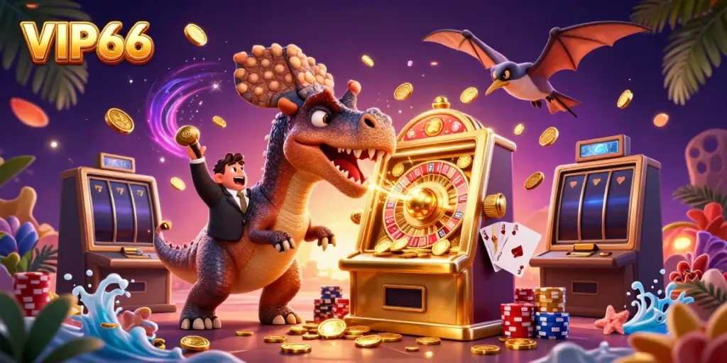 Exciting VIP66 scene with a pachycephalosaurus celebrating jackpot wins at a casino.