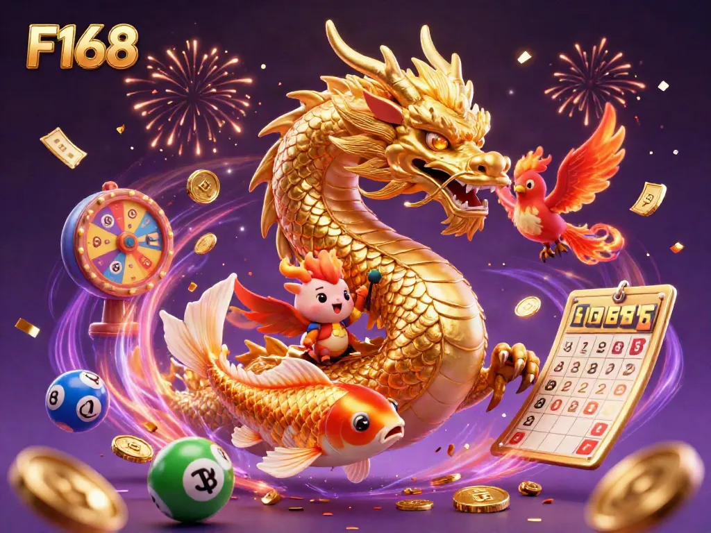 Play exciting games at F168 with a dazzling dragon, phoenix, and koi fish in a magical casino scene.