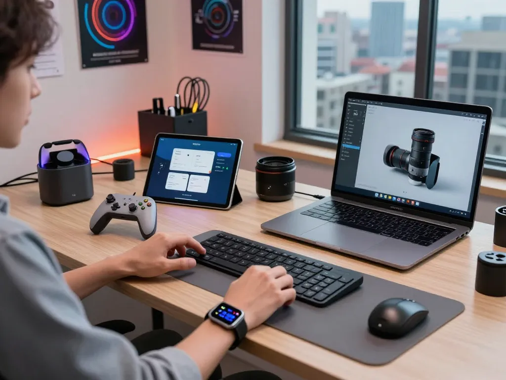 Person using unique tech gadgets in a modern workspace with Bluetooth controller and stylish keyboard.