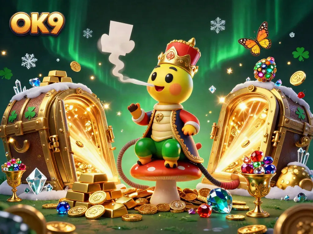 Experience the vibrant world of OK9 with an enchanting 3D casino scene featuring a whimsical caterpillar and treasure elements.