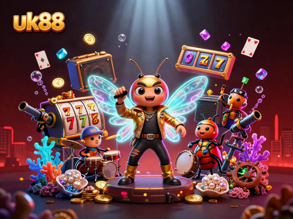 Engage with uk88's thrilling gaming world, showcasing a vibrant casino illustration with animated characters and slot games.
