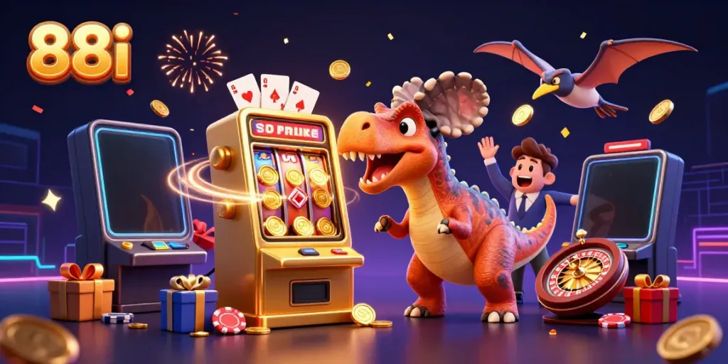 Catching jackpot coins at 88i with an animated pachycephalosaurus and a panic-stricken cannery manager.