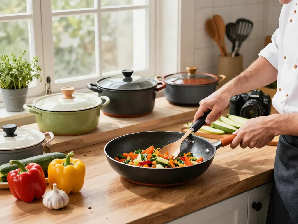 Non-Stick Cookware price in bangladesh highlighted in a vibrant kitchen scene with fresh ingredients being prepared.