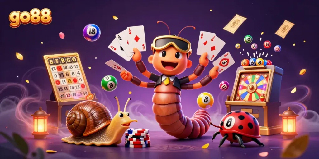 Participate actively in go88 with a lively 3D casino scene, showcasing a cartoon millipede dealer and vibrant elements.
