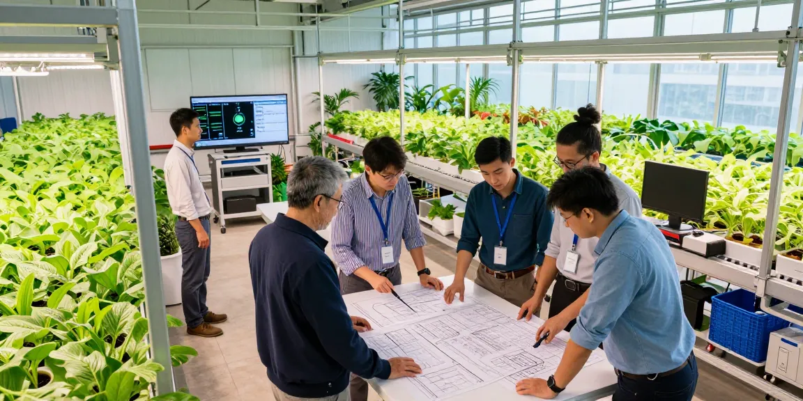 Cika4d team collaborating in a modern indoor agriculture facility, designing innovative vertical farming systems with vibrant greenery.