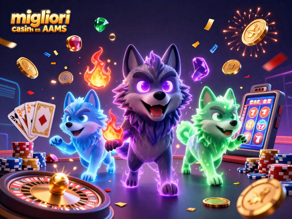 Scopri i migliori casino non AAMS con un'affascinante illustrazione 3D di personaggi da gioco tra spirali di energia e simboli iconici.