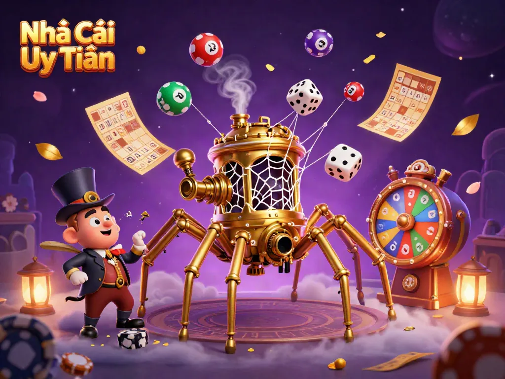 Engaging 3D illustration showcasing Nhà Cái Uy Tín in a captivating casino environment with steampunk and dynamic lottery elements.