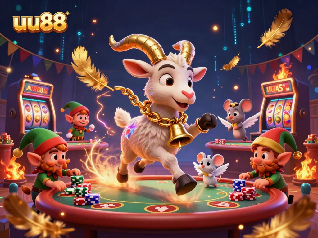 uu88 offers thrilling casino action in a vibrant holiday scene with charming characters and exciting gameplay elements.