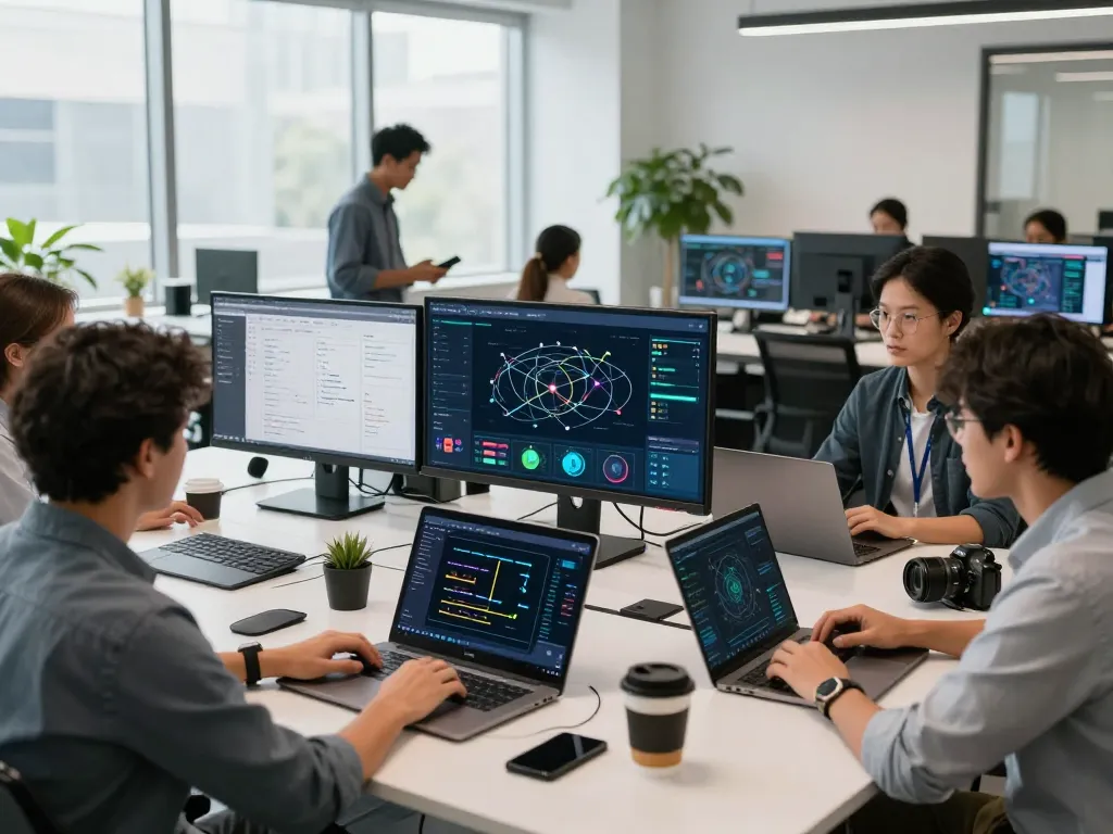 快连 features a collaborative team analyzing network optimization strategies in a bright, modern tech workspace.