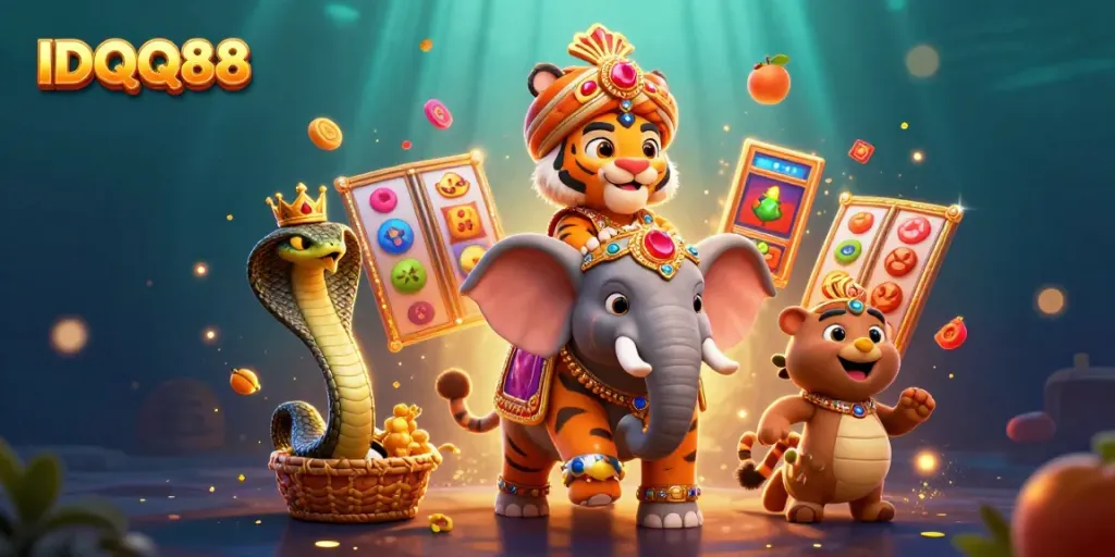 Experience exciting wins with IDQQ88 in this vibrant slot game scene featuring majestic characters.