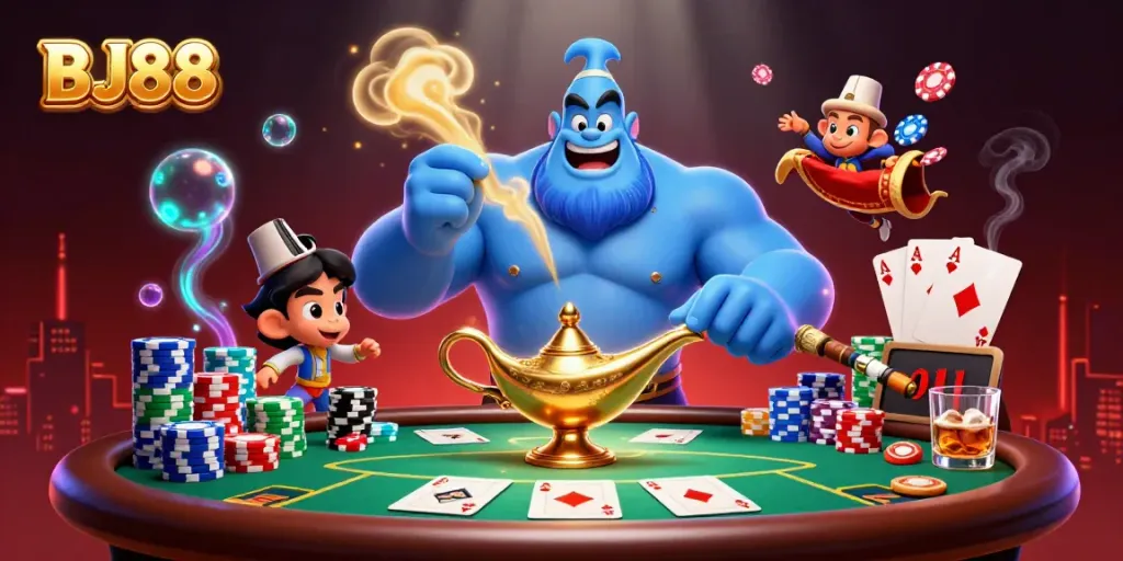 BJ88 online casino scene with a genie, monkey, and poker chips, capturing gaming excitement.