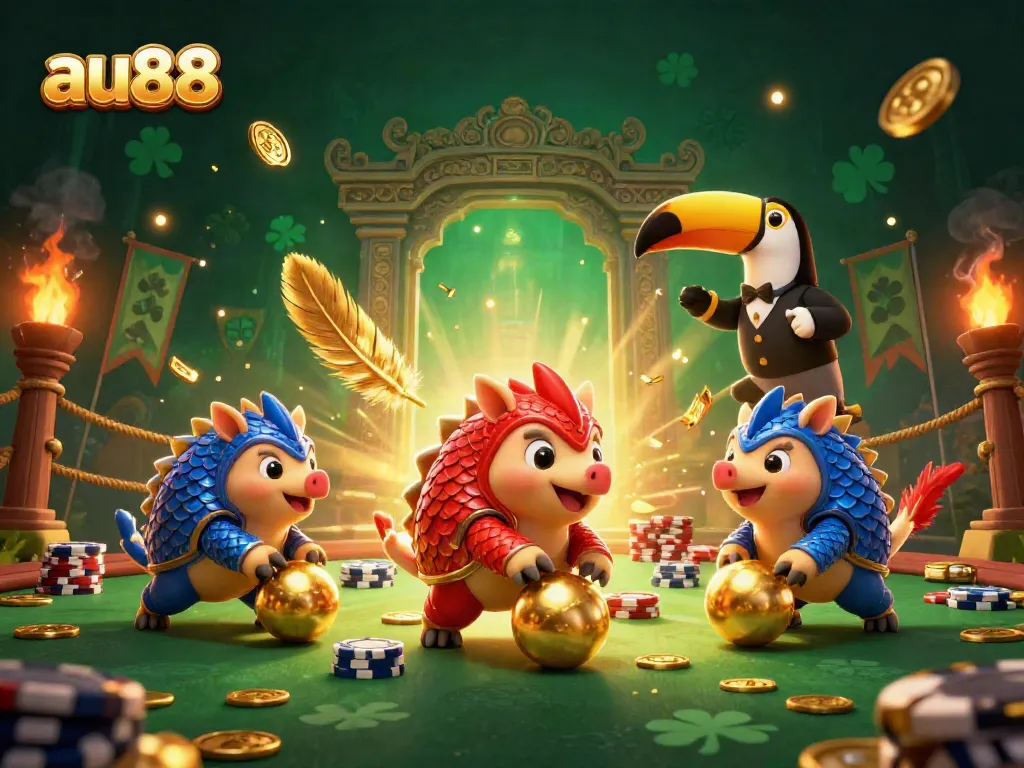 Dynamic scene of rival pangolins in au88 casino bowling through poker chips, featuring excitement and energy.