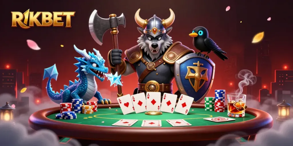 Engage in thrilling poker with RIKBET's vibrant scene featuring a Viking wolf warrior and magical creatures.