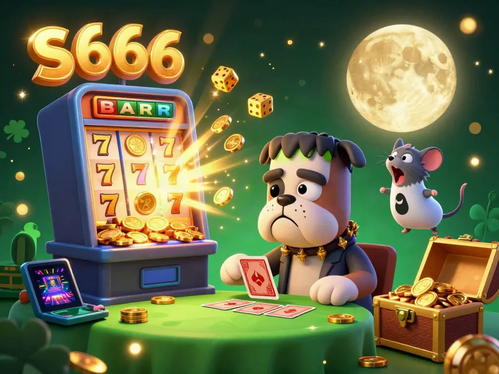 Engage with S666’s thrilling gambling world featuring a bulldog dealer, gold coins, and vibrant casino elements.
